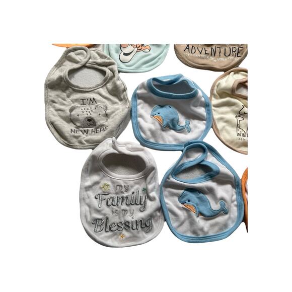 Lot Baby Boy Bibs Feeding Drool 14 total - Whales, Lion, Giraffes, Dots,etc 354 - Picture 2 of 6